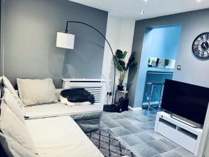 a living room with a couch and a tv at Comfy 4 bed house close to station and theatre in London