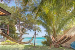 twee hangmatten voor een strand met de oceaan bij "casa Villa Real, A Gem On The Shores Of Bacalar" in Bacalar