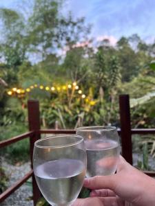 two glasses of white wine sitting on a table at Glamping Salento in Salento