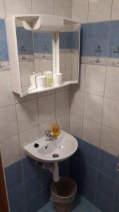 y baño con lavabo blanco y espejo. en Penzion U Halířů, en Mladé Buky