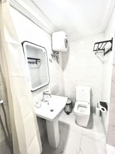 uma casa de banho branca com um lavatório e um WC em Blaze by Treston Grand Apartment, Maitama em Abuja