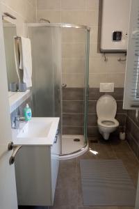 een badkamer met een douche, een wastafel en een toilet bij Seaside house for families with children Zadar - Diklo, Zadar - 20962 in Zadar