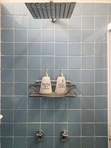 - une salle de bains carrelée de bleu avec 2 brosses à dents sur une étagère dans l'établissement Cómodo y bonito estudio en Cozumel, à Cozumel