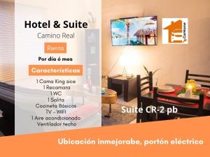 une affiche pour un hôtel et une suite avec une salle à manger dans l'établissement Htl & Suites Camino Real, ubicación, parking, facturamos, à Colima