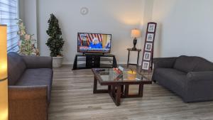 Sala de estar con 2 sofás y TV en Brand New Big House in Niagara Region en Thorold