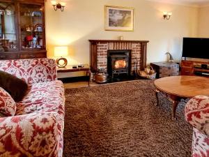 a living room with a couch and a fireplace at Cobweb Cottage in Ludham