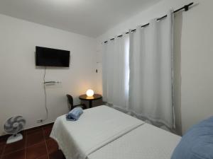 a small bedroom with two beds and a television at Pousada Jardins in Macaé