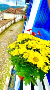 a bunch of yellow flowers on a blue window at Casa charmosa no Centro Histórico com garagem in Ouro Preto