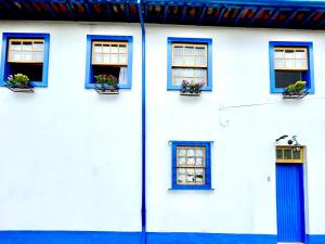 a white house with blue windows and potted plants at Casa charmosa no Centro Histórico com garagem in Ouro Preto