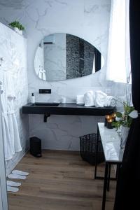ein Bad mit einem Waschbecken und einem Spiegel in der Unterkunft Les alouettes in Caudry