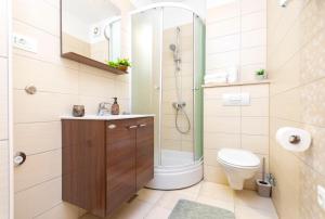 ein Badezimmer mit Dusche, Toilette und Waschbecken in der Unterkunft Apartments Beach Dream in Mimice + 64 Fotos
