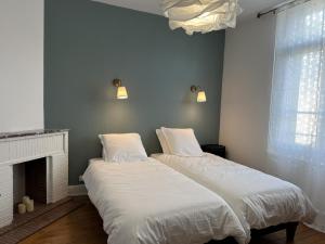 Biała sypialnia z 2 łóżkami i kominkiem w obiekcie Gîte Moulins, 4 pièces, 6 personnes - FR-1-489-439 w mieście Moulins