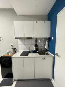 a small kitchen with white cabinets and a sink at jugi suite @ Horizon Sepang KLIA in Sepang