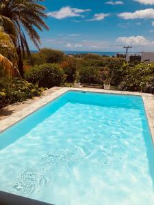 a blue swimming pool with a view of the ocean at Bellevue Tamarin in Tamarin