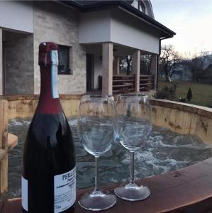een fles wijn en twee wijnglazen op een tafel bij Pensiunea Pe Vale La Moco in Runcu Salvei