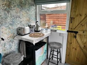 Bothy hut في ترينج: مطبخ مع كونتر عليه غلاية شاي
