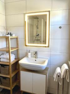 uma casa de banho com um lavatório e um espelho em Haus Waltraud em Bad Wiessee