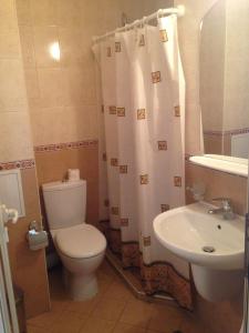 ein Badezimmer mit Toilette, Waschbecken und Duschvorhang in der Unterkunft Hotel Atol in Sonnenstrand + 71 Fotos