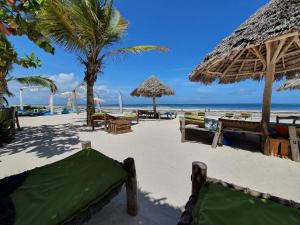 a beach with chairs and umbrellas and the ocean at BARIDI VILLA in Kiwengwa