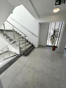 ein leeres Zimmer mit Treppe und Topfpflanze in der Unterkunft OSPER Rooms in Łomża