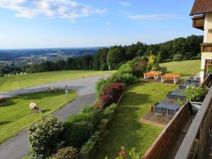 a view of a road with animals grazing on the grass at Wohlfühl Hotel Wiesenhof in Grafendorf bei Hartberg