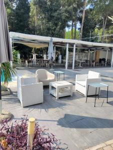 a group of chairs and tables on a patio at Biancopineta in Marina di Montenero