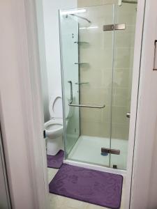 een glazen douche in een badkamer met toilet bij Maxwell Esabu in Toronto +27 foto's