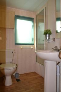 La salle de bains est pourvue de toilettes, d'un lavabo et d'une fenêtre. dans l'établissement Camping Parc Valrose, à La Londe-les-Maures