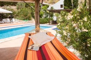 Un hamac est installé à côté de la piscine. dans l'établissement El Molino del Conde, à Villanueva de Tapia