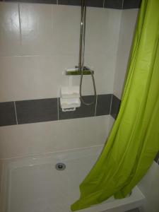 a bathroom with a tub with a green shower curtain at Hotel gites des touristes in Vollore-Montagne