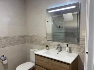 a bathroom with a sink and a toilet and a mirror at Casa Manuela in Castro Caldelas +24 photos
