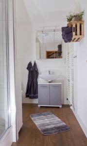 a bathroom with a sink and a mirror at Ferienhaus Ziegelhof in Poppenhausen