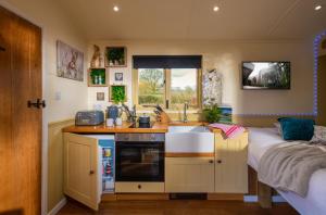 a small kitchen with a sink and a bed in a room at Hillside View Shepherds Hut - Ockeridge Rural Retreats in Little Witley