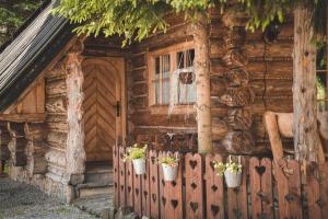 une cabane en bois avec des plantes en pot sur une clôture dans l'établissement Domki Javorina, à Zakopane