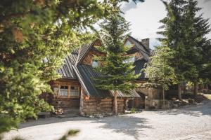 a log cabin with a black roof at Domki Javorina in Zakopane