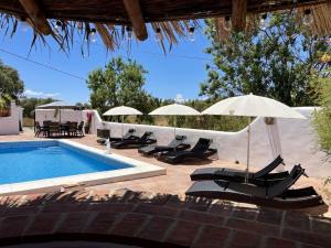 a swimming pool with chairs and umbrellas next to a pool at Todos Y Tonya in Archidona