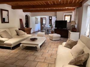 un soggiorno con divani bianchi e TV di Magnifique villa en pierre au calme absolu a Fayence