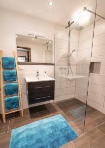 a bathroom with a shower and a sink and a mirror at Neu! Sonnige Terrassen-Ferienwohnung in den Bergen in Bad Hindelang