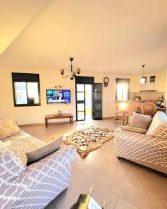 ein Wohnzimmer mit 2 Sofas und einem TV in der Unterkunft Luxury duplex Port of Jaffa in Tel Aviv