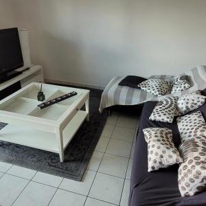 ein Wohnzimmer mit einem Sofa und einem Couchtisch in der Unterkunft Spacieux appartement résidence calme in Fonsorbes