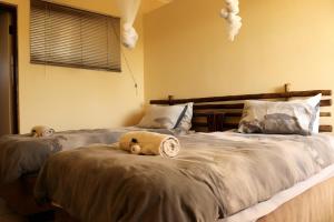 1 dormitorio con 2 camas con animales de peluche en iMbamuweti Cottage, en Grietjie Game Reserve