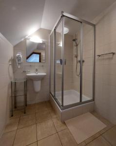 La salle de bains est pourvue d'une douche et d'un lavabo. dans l'établissement Tulin, à Wetlina