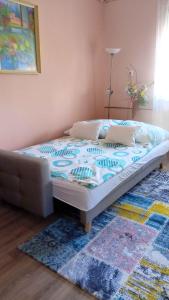 Holiday home Abadszalok/Theiss-See 27793 في أبادزالوك: وجود سرير في غرفة مع سجادة
