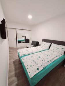 Apartman Amor Trebinje في تريبينيي: غرفة نوم فيها سرير وتلفزيون
