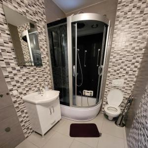 a bathroom with a shower and a toilet and a sink at Apartmani Sport Igalo in Herceg-Novi