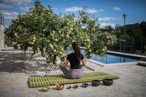 IvanicaにあるVilla Anaのリンゴの木の下に毛布に腰掛けている女性