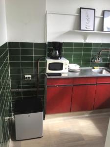 a small kitchen with a microwave and green tiles at Frank’s and Chong’s excellent location in Amsterdam