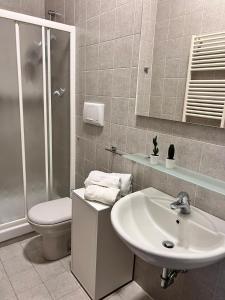uma casa de banho com um lavatório, um WC e um chuveiro em APPARTAMENTO DE LUXE GIADA em Bolonha