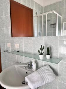 baño con lavabo con espejo y estante en APPARTAMENTO DE LUXE GIADA, en Bolonia