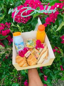 una persona con una caja llena de comida y bebida en SWILODGE VUE SUR MER ! Petit Déjeuner et Location de voiture possible en Le Moule